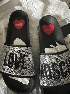 Moschino Love Leder Pantolette mit Strass Damen Schwarz Sandalen - Bild 1 von 8
