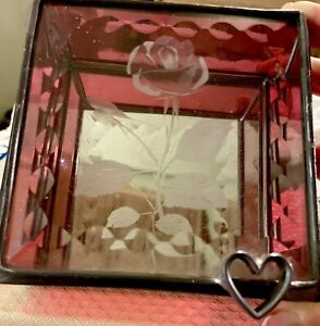 Glass Red White Etched Rose Flower On Lid Mirrored Bottom Trinket Box Heart