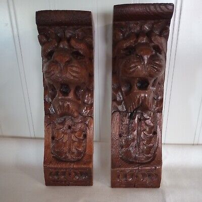 Pair French Antique Hand Carved Oak Lion Head Corbels • 150£