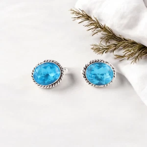 Swiss Blue Topaz Gemstone 925 Sterling Silver Jewelry Formal Cufflinks 0.6" Gift - Picture 1 of 6