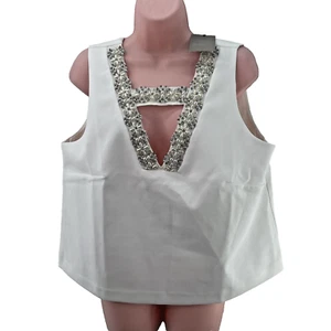 River Island Diamante Trim Top Sleeveless V-Neck, Size UK 16, White - Picture 1 of 15