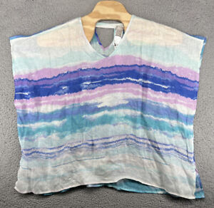 Chico's Mineral Wash Stripe Linen Poncho, Aqua, Blue, Lavender L/XL NWT