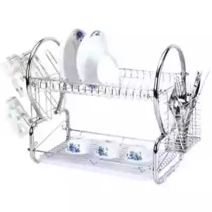 Deluxe 2 Tier White Chrome Plated Dish Drainer Cup Glasses Cutlery Rack - Picture 1 of 1