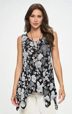 JOSTAR Poly Spandex Slinky STRETCH Knit Black White POINT HEM TANK TOP W355 L XL - Image 1 of 4