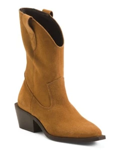 NIB Bianco Suede Western Booties Camel Brown Women 38 US 7.5 Cowboy Boots Winter - Picture 1 of 8