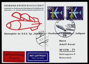 Tarjeta postal de vuelo de correo aéreo espacial cohete de Alemania 1965 (ESP#L945) - Imagen 1 de 1