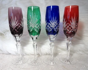 SET OF 4 ESSEX CRYSTAL BLUE/GREEN/RED/PURPLE CUT TO CLEAR CRISS-CROSS FAN FLUTES - Picture 1 of 10