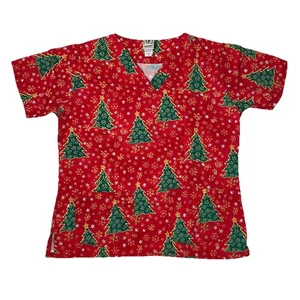Blusa Médica UA Talla Mediana Manga Corta Roja Estampado Árbol de Navidad - Imagen 1 de 6