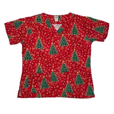 UA Scrubs Top Size Medium Short Sleeve Scrub Shirt Red Christmas Tree Print - Image 1 of 4