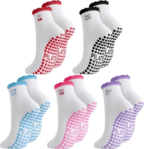 5 Paia Calzini Carini Pilates Grip per Donna Antiscivolo Yoga Grippy Calzini Ricamo - Foto 1 di 12
