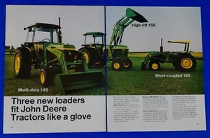 John Deere 1973 anuncio impreso de 2 páginas multi-duty 148, elevación alta 158 y acoplamiento corto 145 - Imagen 1 de 1