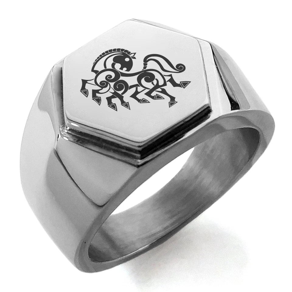 Stainless Steel Odin's Sleipnir Horse Symbol Mens Hexagon Crest Signet Ring - Image 1 of 1