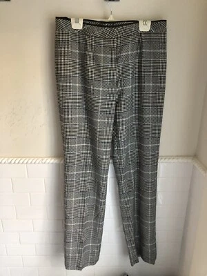 Pantalones Escada Talla 42 EE. UU. 12 Lana Mohair Pata de Gallo Pierna Ancha Tiro Alto Negro Blanco Foto 1 de 4