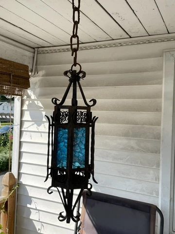 Vintage 1920’s Wrought Iron Pendant Lamp With Blue Glass Panels Cover