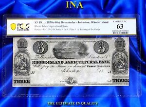 INA Johnston Rhode Island Agricultural Bank $3 Obsolete Currency PCGS 63 Sm Hole