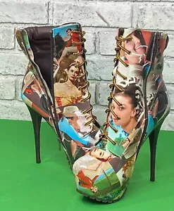 Audrey Hepburn Print Brown/Multi 6" Stiletto High Heel Sexy Ankle Boots Size 11 - Picture 1 of 16