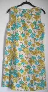 Vintage 60s linen blue, green, ivory floral sleeveless shift dress XS / S cute! - Picture 1 of 2