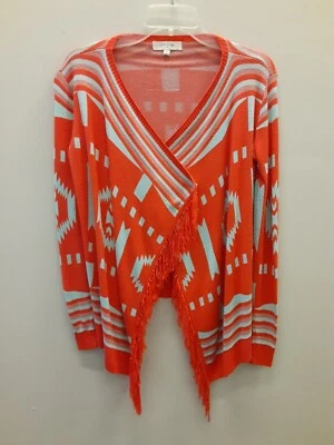 Umgee USA Woman’s Red/ Gray Open Front Cardigan Sweater Uneven Fringe/Tassels Sm - Image 1 of 4