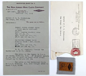 1922 New Jersey Wire Cloth Company testina letterale e copertina con campione - Foto 1 di 5