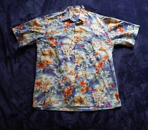 Pierre Cardin Men's Hawaiian shirt LT blue floral Tiki hut button up cotton - Picture 1 of 13