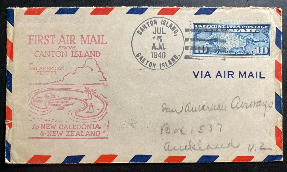 1940 Canton Island First Flight Airmail Cover FFC To Auckland New Zealand - Image 1 of 2