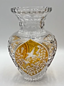 Julia Glassworks Polish Crystal Amber Hummingbird Cut to Clear Vase 9.75" - Picture 1 of 9