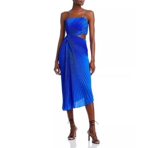Alice + Olivia Fayeth Plissee Spaghetti asymmetrisch Cut-Out Kleid Gr. 2 Neu mit Etikett - Bild 1 von 9