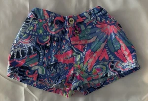 Girl’s Lilly Pulitzer Fantasy Garden Neon Pink & Blue Mini Callahan Shorts Sz 8 - Picture 1 of 5