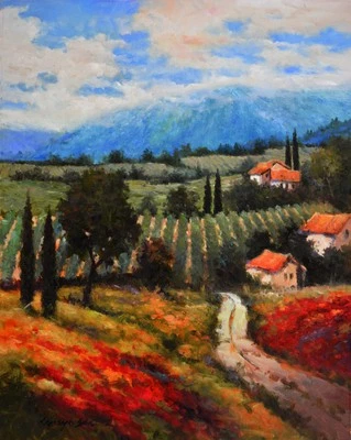 Cuadro original tamaño mediano 24 pulgadas x 30 pulgadas. Montaña viñedo toscano italiano. Foto 1 de 4