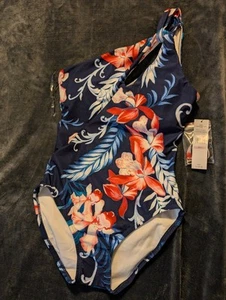 Carmen Marc Valvo Swimsuit 6 Blue Floral One Piece One Shoulder Cutout Swim $108 - Picture 1 of 7