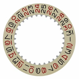 Datumsscheibe für Rolex 1530-1570 Uhrwerk champagnergelb mit rot/schwarzen Zahlen - Bild 1 von 2