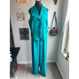 Teal- Sz 14 Brown Buckle Accents Two Piece Vest Pant Set- Melissa Harper - Picture 1 of 6