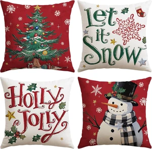 Weihnachten Kissenbezüge 18x18 Zoll 4er Set Schneemann Baum Home Sofa Dekor Rot - Bild 1 von 12