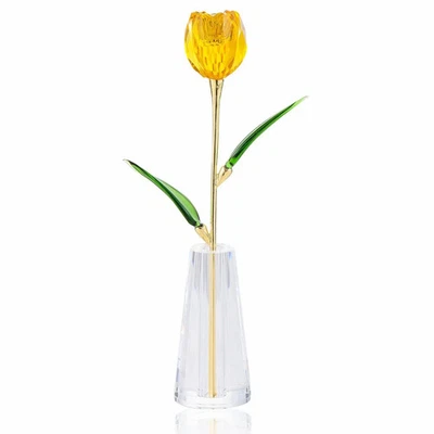 Estatuilla de flor de tulipanes de cristal amarillo hecha a mano con florero, flor de tulipán de vidrio... Foto 1 de 4