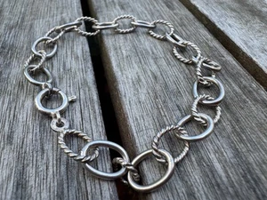 Sterling Silver Ribbed Interlock Circle Oval link O Twist Chain Bracelet 7.25” - Picture 1 of 5