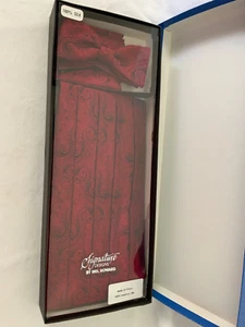 Mel Howard 100% Silk Cummerbund Bow Tie Pocket Hankey Burgundy/Black Paisley EUC - Picture 1 of 5