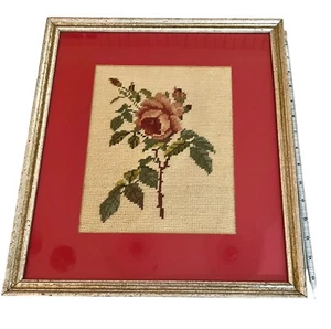 Vintage Single Pink Rose Needlepoint Art Silver-Tone Frame Rose Matte Elegant - Picture 1 of 5