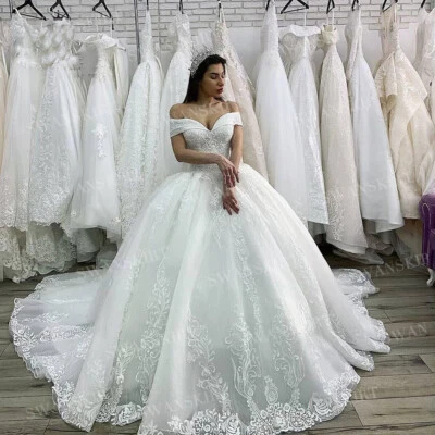 Wedding Dresses Off Shoulder Bridal Ball Gowns Appliques Lace Sleeveless Custom - Image 1 of 4