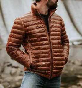 Men's Puffer Brown Distressed Sheep Leather Jacket Fully Quilted Jacket - Picture 1 of 8