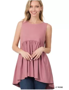 Zenana Sleeveless Empire Waist Baby Doll Dusty Pink Tank Top Tunic Large - Picture 1 of 2
