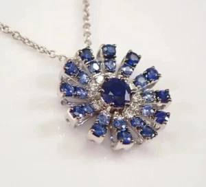 2.00 Ct Round Cut Simulated Blue Sapphire Cluster Pendant 14K White Gold Plated - Picture 1 of 5
