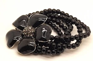 B001 SCHWARZE KUNSTPERLEN PERLEN & KRISTALL & BLUME CHARM STRETCH MODE ARMBÄNDER - Bild 1 von 6