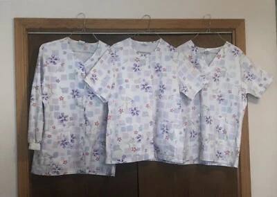 3 Medline Scrub Tops~ Size M ~2 Short Sleeve (1 snap)~ 1 Long Sleeve Snap~Floral - Image 1 of 4