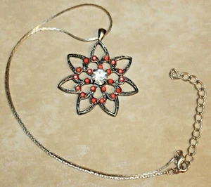 Silver Tone Lotus Flower Pendant Necklace Clear Rhinestone Coral Colored Stones - Picture 1 of 9