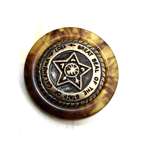 Vintage Great Seal Of The State Of Oklahoma 1907 Brass and Bakelite Button Cover