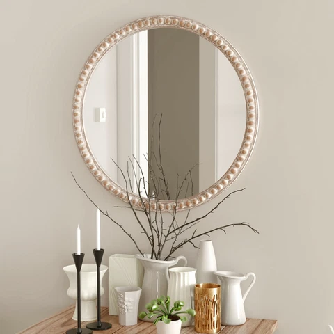 Farmhouse Wood Wall Mirror Rustic Style Decorative Wall Mounted Mirror Round Cover