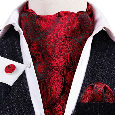 Mens Cravat Red Paisley Fashion Business Office Ascot Handkerchief Cufflinks Set - Image 1 of 3