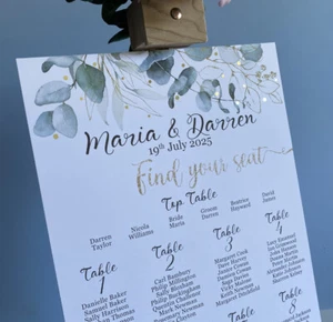 Eucalyptus WEDDING table PLAN sign seating decor golden leaves green foliage - Picture 1 of 6