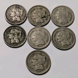 Lot Of 7 1865-1866-P Philadelphia U.S. Mint Nickel 3 Three Cent Pieces  - Picture 1 of 9