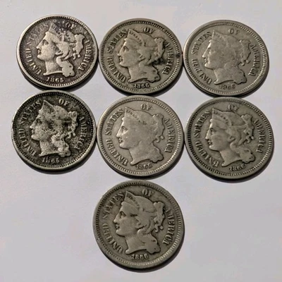 Lot Of 7 1865-1866-P Philadelphia U.S. Mint Nickel 3 Three Cent Pieces  - Image 1 of 4